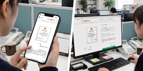 スマートフォンとパソコンでケイジェンドクラウドを操作している様子